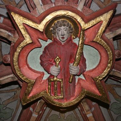 Schlussstein im Chor um 1500 (Laurentius mit Rost und Siegespalme)